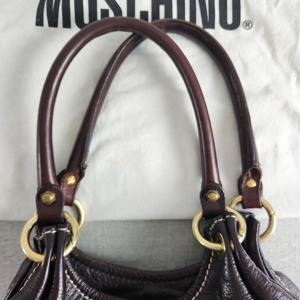 Vintage MOSCHINO Large Brown Pebbled Leather Dual Handle Bag Teal Lining 18" Y2K - Picture 2 of 12